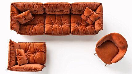 Top view of sofa and armchair on white background