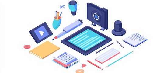 Obraz premium Isometric illustration of a workspace with various office supplies, a tablet, and a desktop computer.