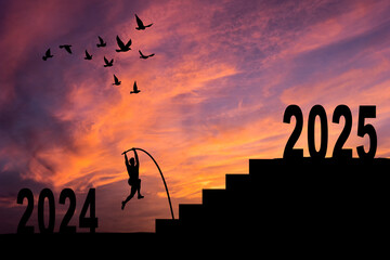 A man running up the stairs from 2024 to 2025. 2025 New Year concept. New year's card 2025.