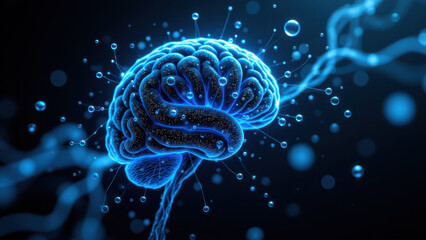 Fototapeta premium This is an artistic rendering of a human brain with glowing particles surrounding it, symbolizing artificial intelligence or general cognitive functions.