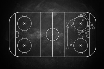 Image of blackboard showing hockey strategy, featuring black background. diagram with circles and crosses marking players positions, enhancing understanding