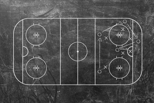 Image of blackboard showing hockey strategy, featuring black background. diagram with circles and crosses marking players positions, enhancing understanding