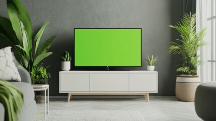 A TV with a green screen on a sleek console in a contemporary dining room