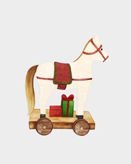 watercolor illustration of horse Christmas toy