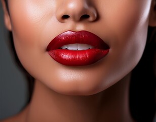 Fototapeta premium woman's lips close up with flawlessly applied red lipstick, showcasing their smooth, vibrant texture against a neutral background, creating a striking, beauty-focused composition
