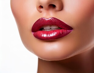 Fototapeta premium close-up of a woman's lips with a hint of lipstick smeared on the side, creating a playful, imperfect, and fashionable look, styled against a clean white background
