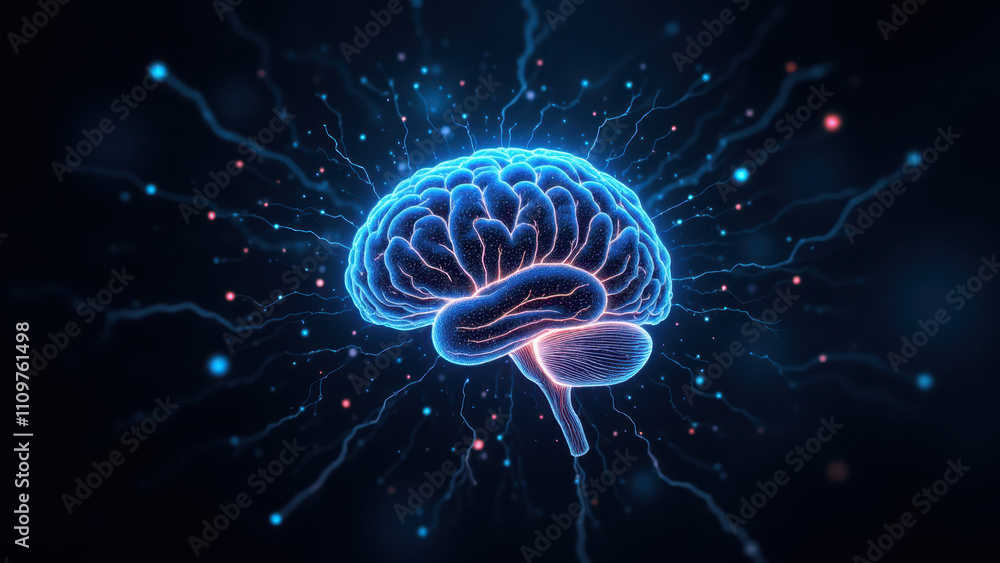 Poster an artistic representation of artificial general intelligence with a glowing brain surrounded by cos