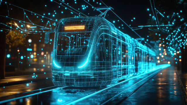 Futuristic Tram with Digital Grid and Light Effects in Urban Night Scene