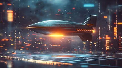 Futuristic spaceship hovering over a cyberpunk city at night.