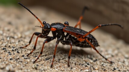 Close-up of a black and orange insect on rough surface.