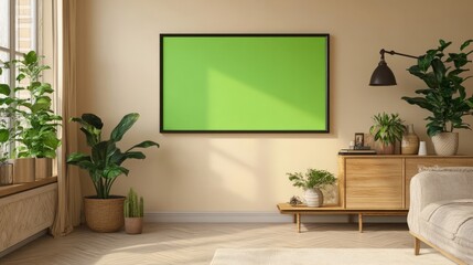 A wide, minimalist frame with a green screen, placed in a cozy living room on a cream wall. 