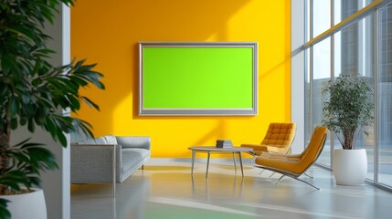 A small TV with a green screen sitting on a simple floating shelf in a compact living space