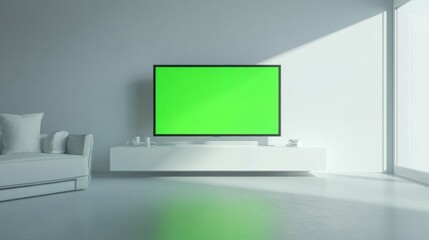 A small TV with a green screen sitting on a simple floating shelf in a compact living space