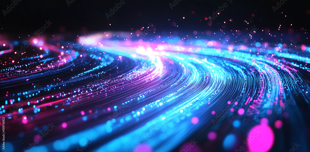 Poster colorful light trails create dynamic patterns in a digital space