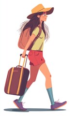 A young woman with a backpack and suitcase, walking towards a bright future.