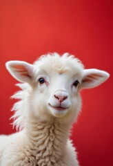 Obraz premium A close-up portrait of a young lamb with fluffy wool against a bright background