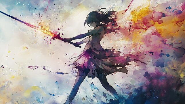 Anime girl wielding sword, vibrant colors, action concept art.