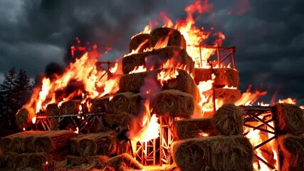 A horrific firestorm destroying a massive hay bale structure, captured in slow motion with a Red Epic camera. The flames rage intensely, consuming the bales in a dramatic and cinematic display