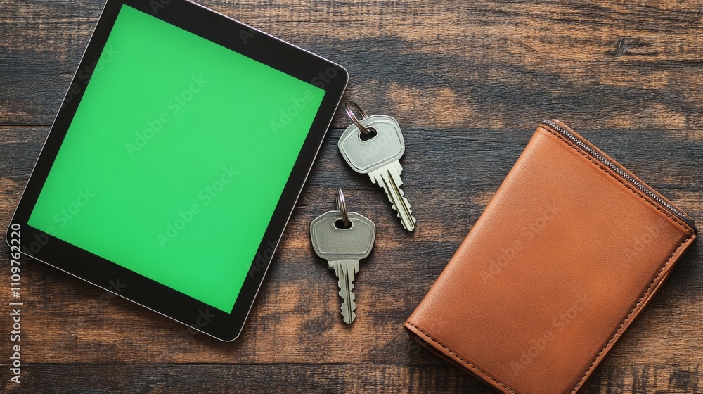 Poster a tablet with a green screen placed next to a set of house keys and a stylish wallet.