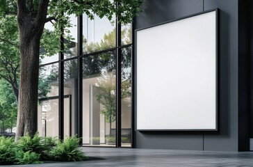 Modern Office Building with Large Blank White Poster, Glass Windows, and Tree in the Foreground, Minimalist Photography with Contrast of Black Frames and White Poster.