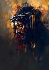 A powerful portrait of Jesus Christ, depicted with a crown of thorns and bloodstains, evokes a somber and reflective mood.