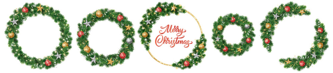 Christmas wreath with gold and red glitter ornaments. Christmas tree decoration. Holiday fir tree garland. Festive winter season frame, spruce branches. Transparent background in vector file.