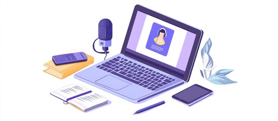 Online podcasting setup with laptop, microphone, phone, notebook, and pen.