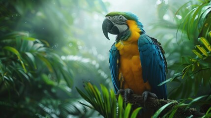 Obraz premium Blue-and-gold macaw perched on branch in lush rainforest.