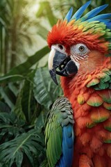 Obraz premium A majestic hybrid of a parrot and a lion, featuring the vibrant feathers of a tropical parrot in shades of green, blue, and red. Its head is a lion’s with a golden mane blending seamless