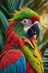 Fototapeta premium A majestic hybrid of a parrot and a lion, featuring the vibrant feathers of a tropical parrot in shades of green, blue, and red. Its head is a lion’s with a golden mane blending seamless