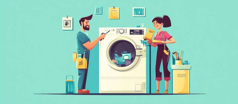 Repairman fixing a washing machine while a woman adds detergent.