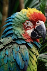 Obraz premium A majestic hybrid of a parrot and a lion, featuring the vibrant feathers of a tropical parrot in shades of green, blue, and red. Its head is a lion’s with a golden mane blending seamless