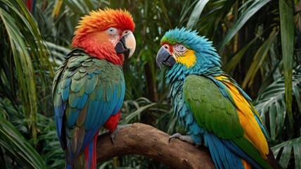 A majestic hybrid of a parrot and a lion, featuring the vibrant feathers of a tropical parrot in shades of green, blue, and red. Its head is a lion’s with a golden mane blending seamless