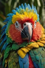 Obraz premium A majestic hybrid of a parrot and a lion, featuring the vibrant feathers of a tropical parrot in shades of green, blue, and red. Its head is a lion’s with a golden mane blending seamless