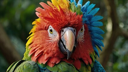 Obraz premium A majestic hybrid of a parrot and a lion, featuring the vibrant feathers of a tropical parrot in shades of green, blue, and red. Its head is a lion’s with a golden mane blending seamless