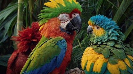 Fototapeta premium A majestic hybrid of a parrot and a lion, featuring the vibrant feathers of a tropical parrot in shades of green, blue, and red. Its head is a lion’s with a golden mane blending seamless