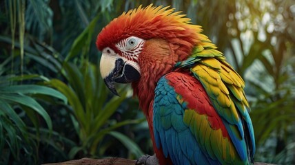 Obraz premium A majestic hybrid of a parrot and a lion, featuring the vibrant feathers of a tropical parrot in shades of green, blue, and red. Its head is a lion’s with a golden mane blending seamless