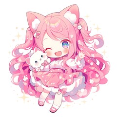 Cute anime girl with pink hair and a cat plush. Kawaii character design.