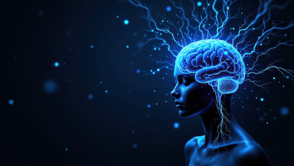 Image of a human head with electric blue brain, representing AI or AGI.