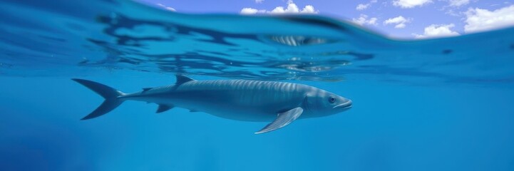 Blue sea with crystal clear water, reflecting sunny and cloudy sky above, revealing underwater marine life, nature, marine life