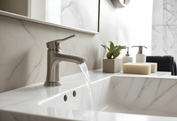 Fototapeta premium A brushed nickel faucet dispensing water into a marble basin, obscured by other bathroom furnishings