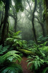 Obraz premium A misty rain forest scene with lush green foliage, vines, and epiphytes, illuminated by dappled sunlight filtering through the canopy above, casting intricate shadows on the forest floor