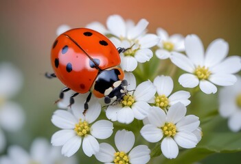 Fototapeta premium A red ladybug on flowers, with a blurred background