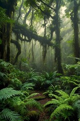 Obraz premium A misty rain forest scene with lush green foliage, vines, and epiphytes, illuminated by dappled sunlight filtering through the canopy above, casting intricate shadows on the forest floor