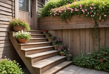 Fototapeta premium Wooden stairs with a potted plant on the side