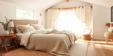 Cozy cream colored woolen blanket on king size bed in bright bedroom, interior, cozy, peaceful