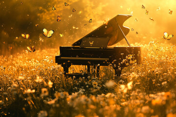 A piano sits gracefully in a field of blooming wildflowers, bathed in golden hour light, as butterflies flutter around, creating a serene and dreamlike atmosphere.