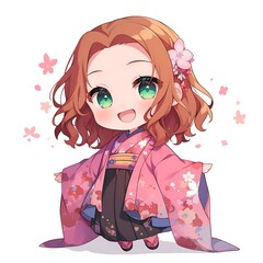 Cute Anime Girl in Kimono. Spring Blossom Style.