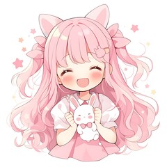 Fototapeta premium Cute anime girl with pink hair holding a bunny. Kawaii character, happy expression.