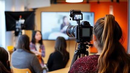 Filmmaker shoots interview with young women in modern office.